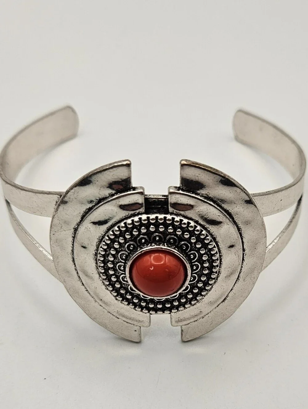 Cuff Bracelet Red Stone Silver Tone Hammered Statement